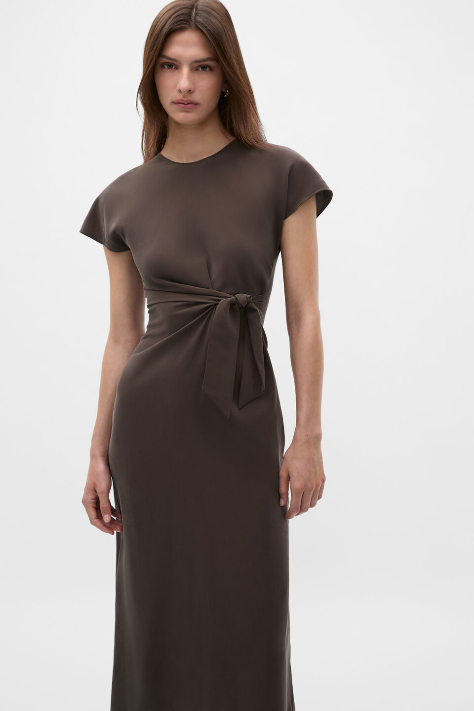 Tie Waist Midi Dress  Dark Espresso
