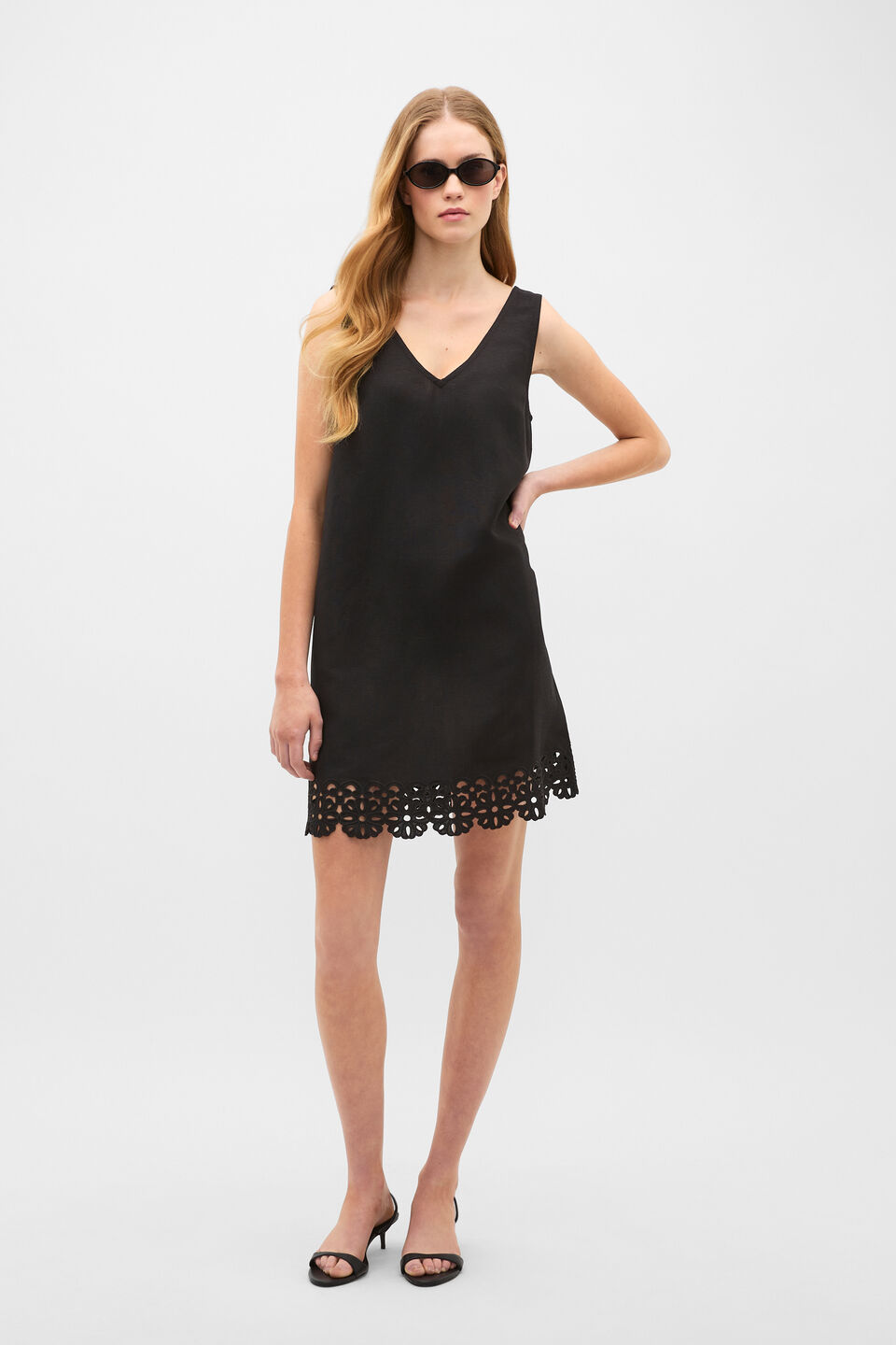 Linen Blend Cutwork Mini Dress  Black