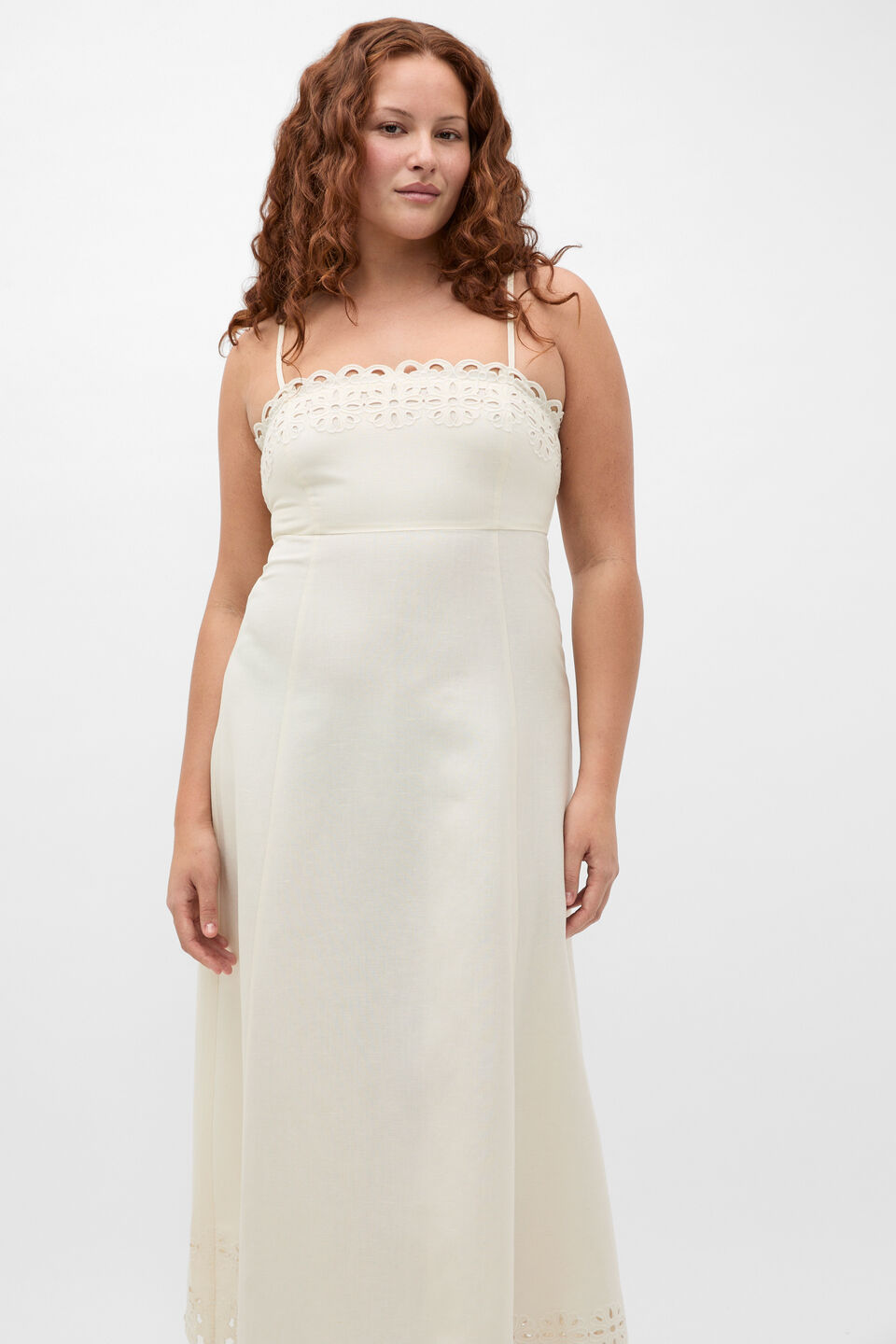 Linen Blend Cutwork Midi Dress  Coconut Cream