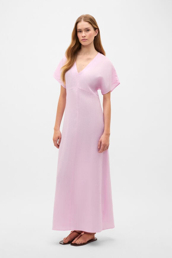 Linen V Neck Midi Dress  Petal Pink  hi-res