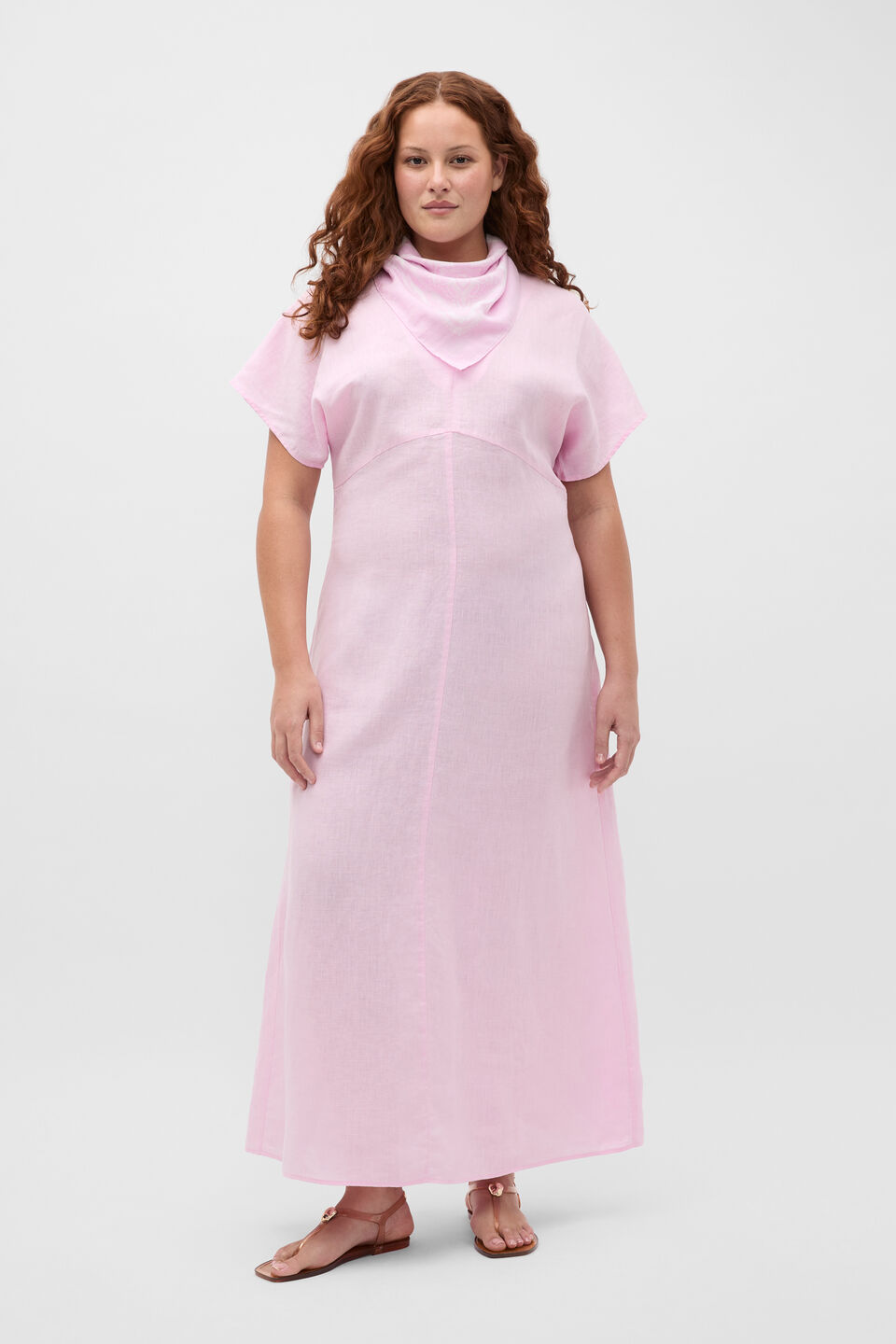Linen V Neck Midi Dress  Petal Pink