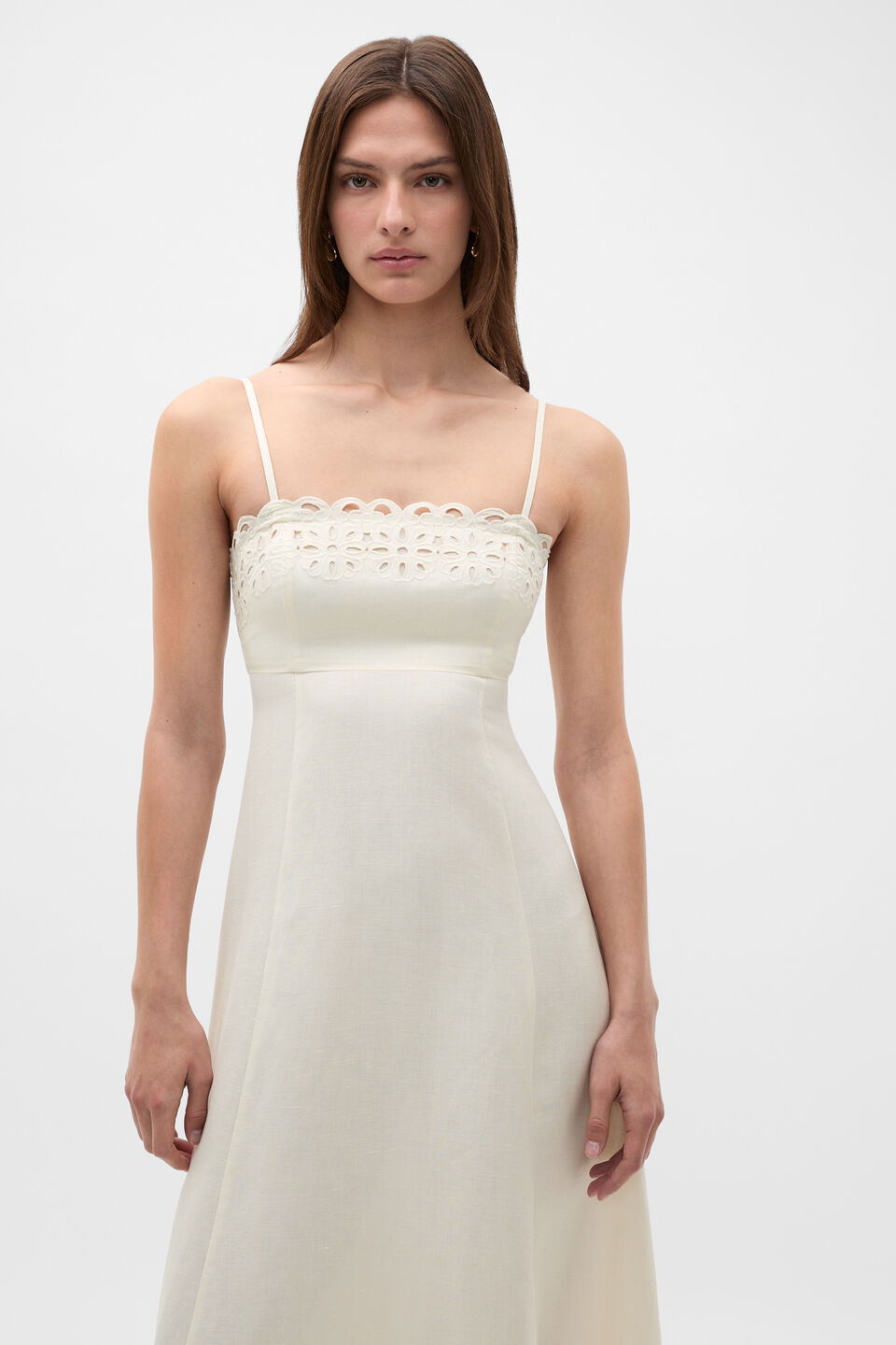 Linen Blend Cutwork Midi Dress  Coconut Cream