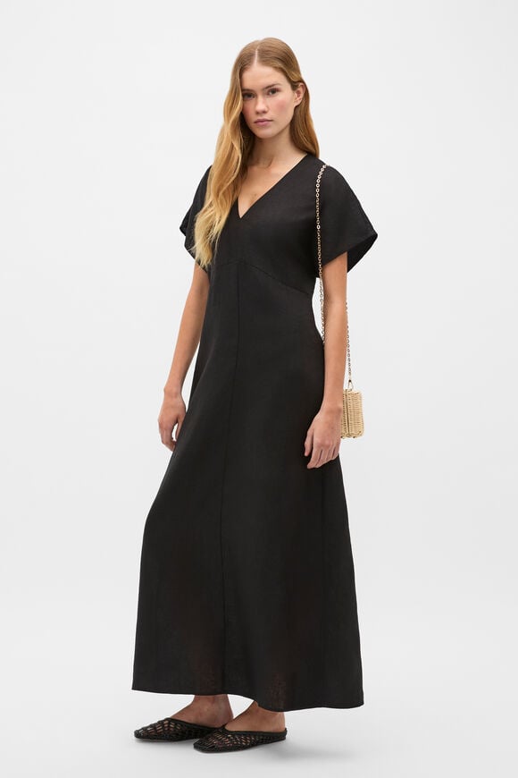 Linen V Neck Midi Dress  Black  hi-res