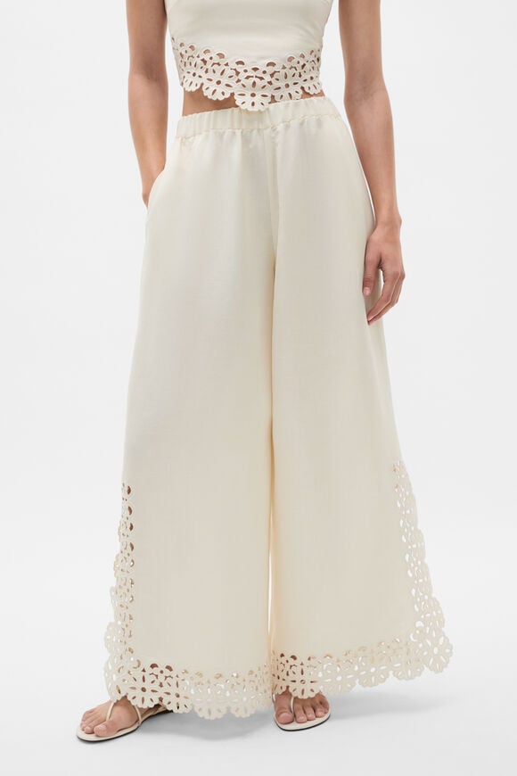 Linen Blend Cutwork Pant  Coconut Cream  hi-res