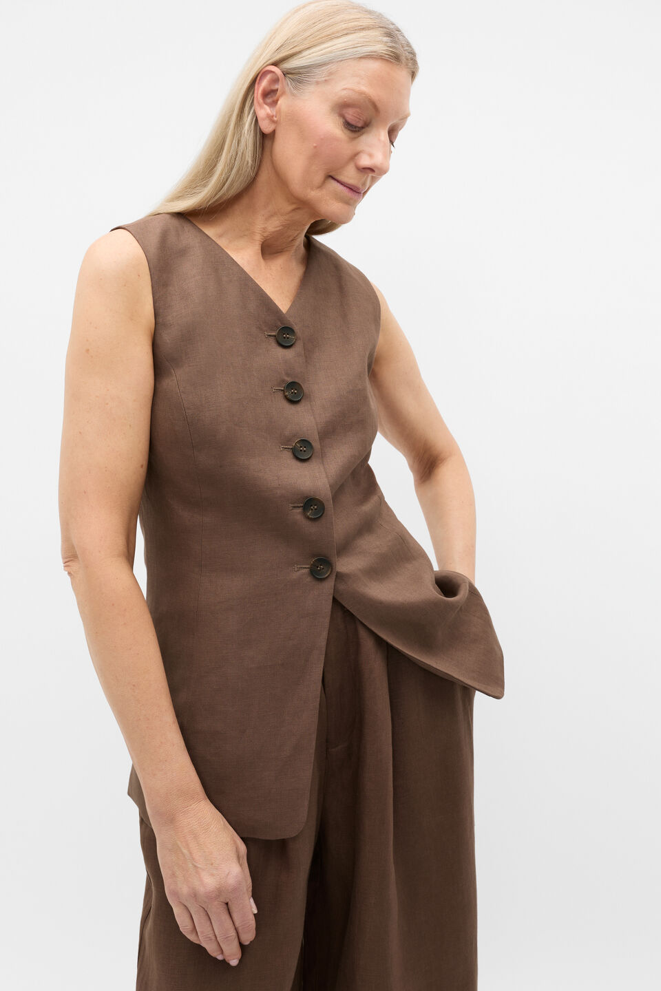 Linen Longline Button Vest  Pinecone