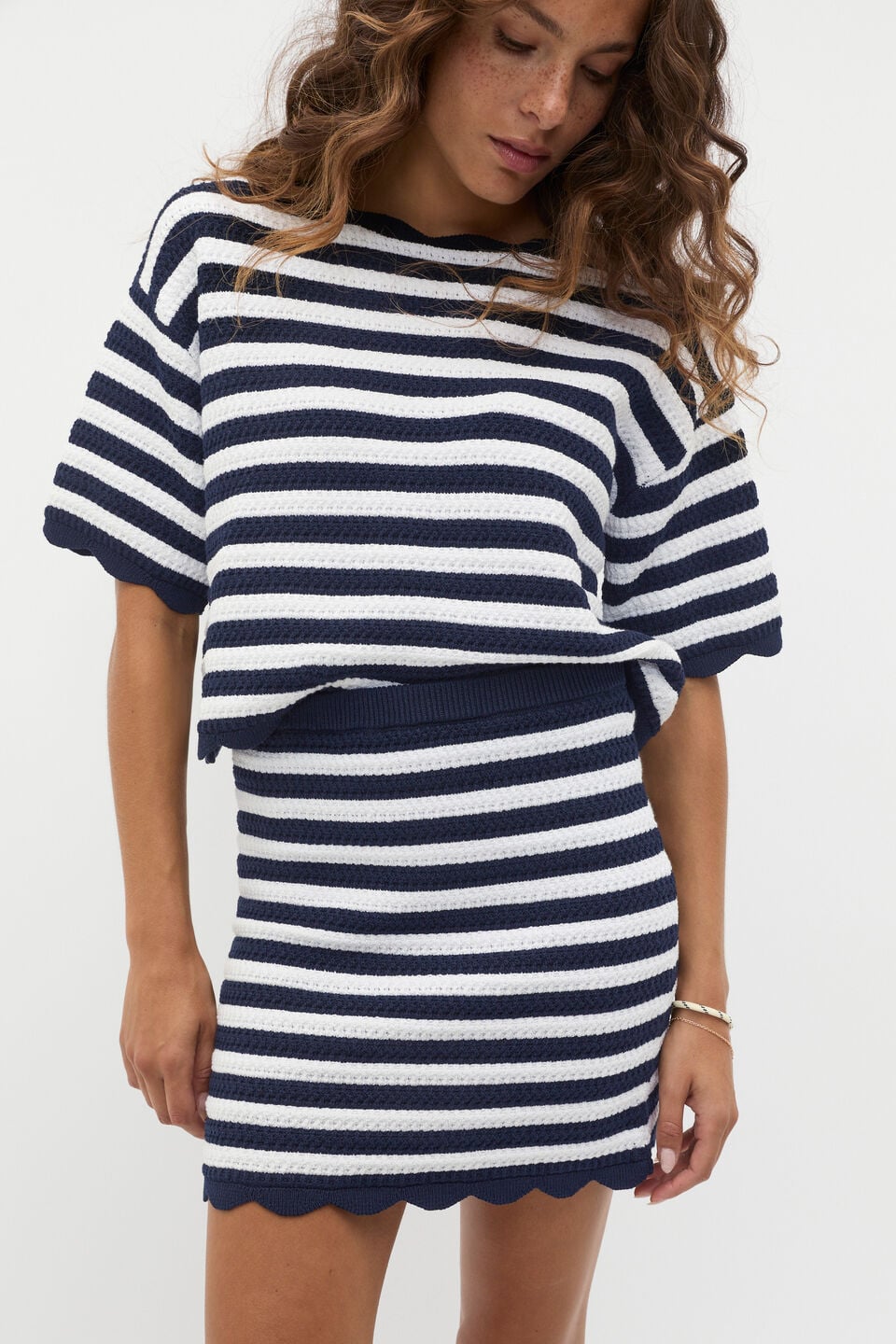 Scallop Stripe Knit Skirt  Twilight Blue Stripe
