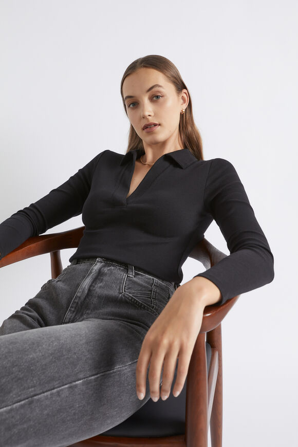 Collared Long Sleeve Top  Black  hi-res