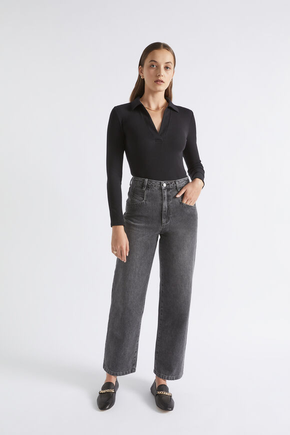 Collared Long Sleeve Top  Black  hi-res
