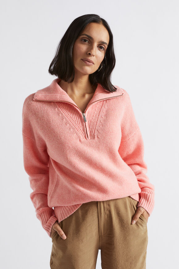 Merino Wool Zip Through Knit  Pale Peony Marle  hi-res