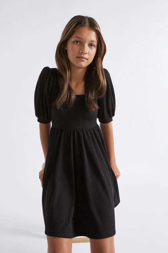 Textured Puff Sleeve Dress  Black  hi-res