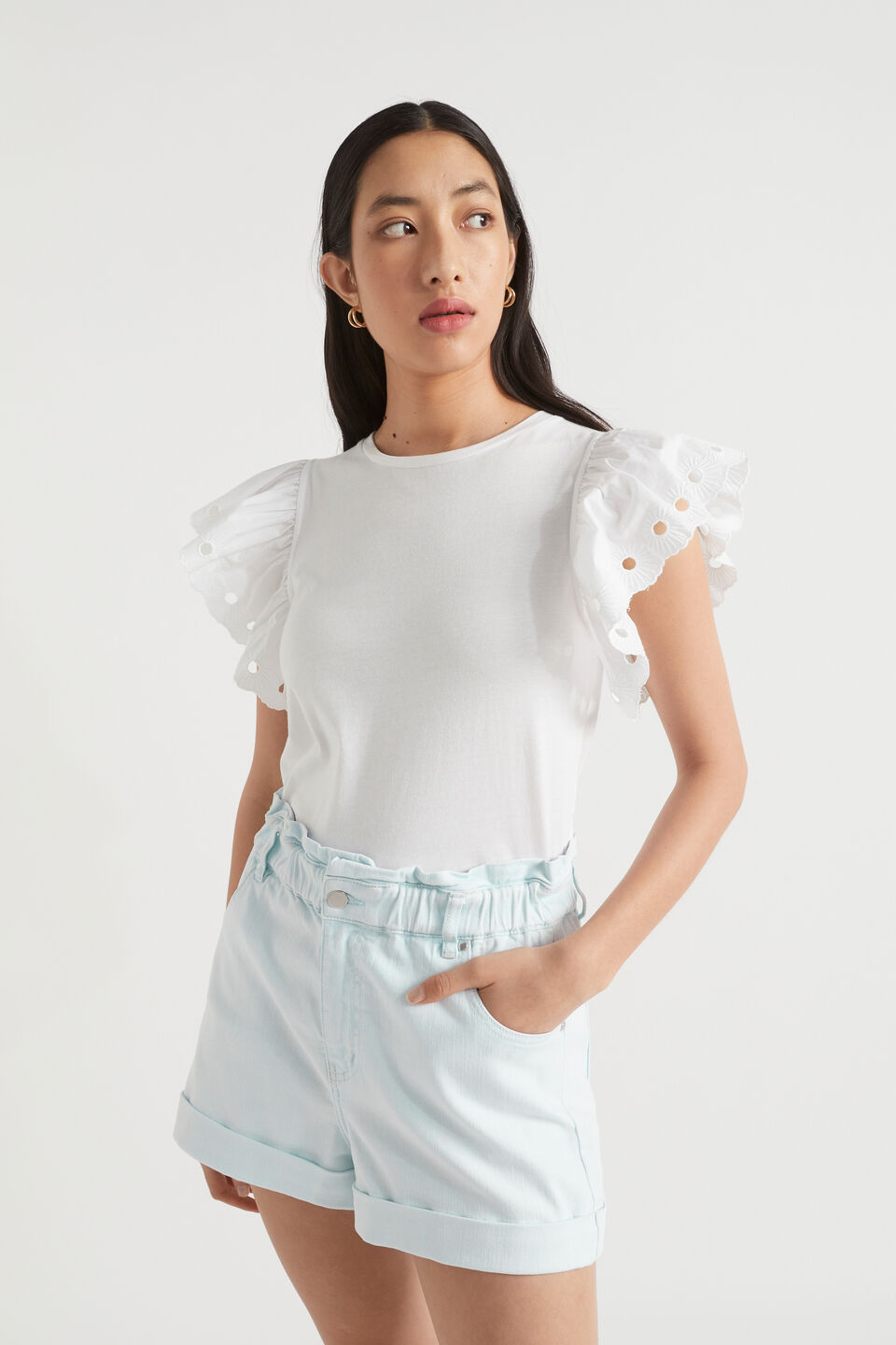 Broderie Detail Sleeve Tee  Whisper White