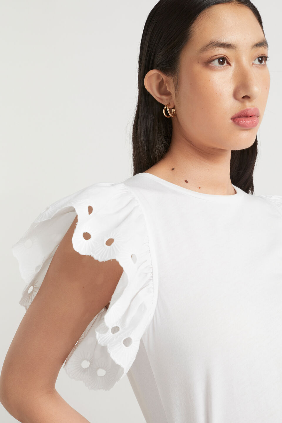 Broderie Detail Sleeve Tee  Whisper White
