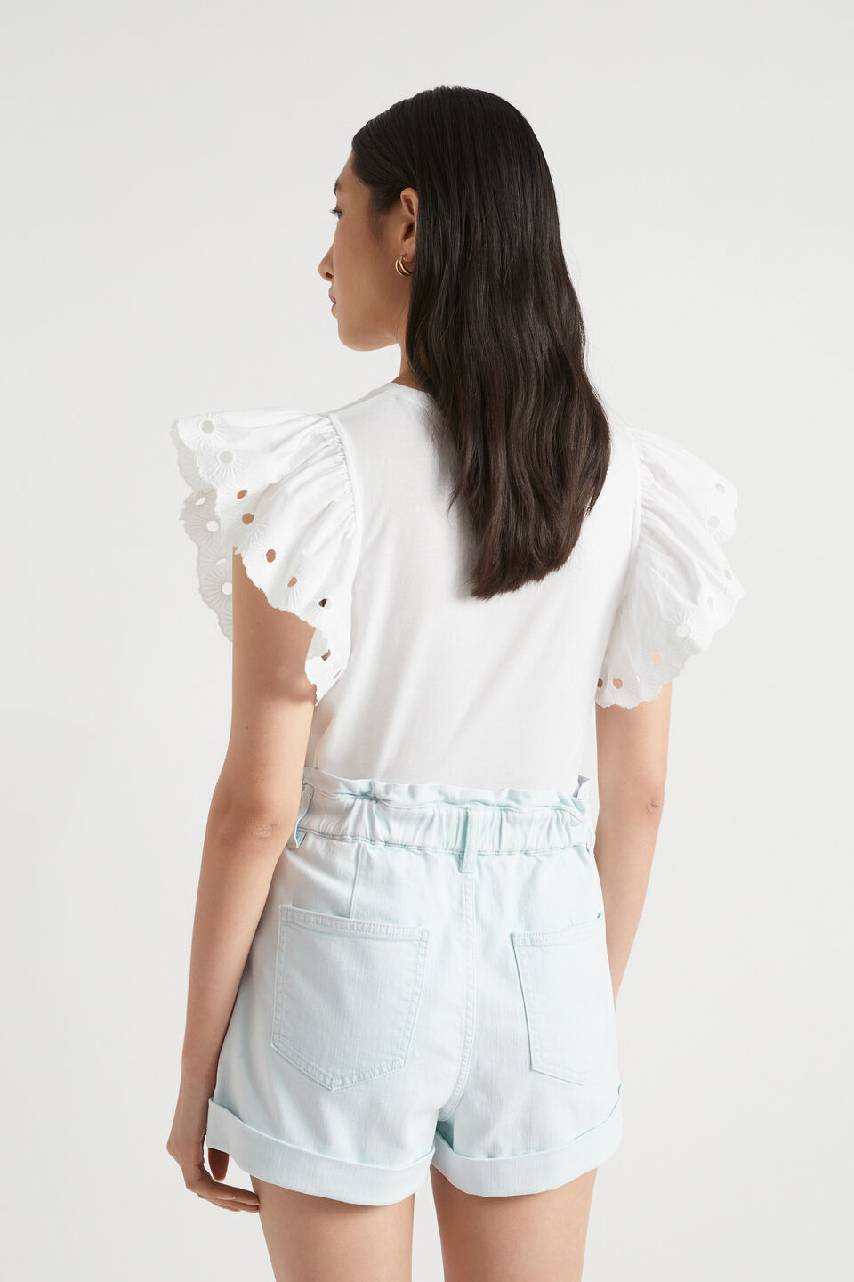 Broderie Detail Sleeve Tee  Whisper White