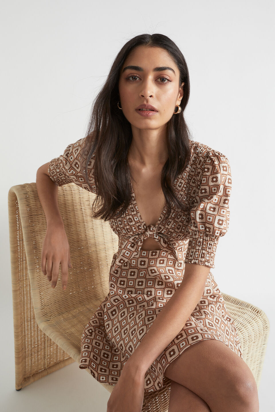 Floral Geo Mini Dress  Auburn Brown Retro