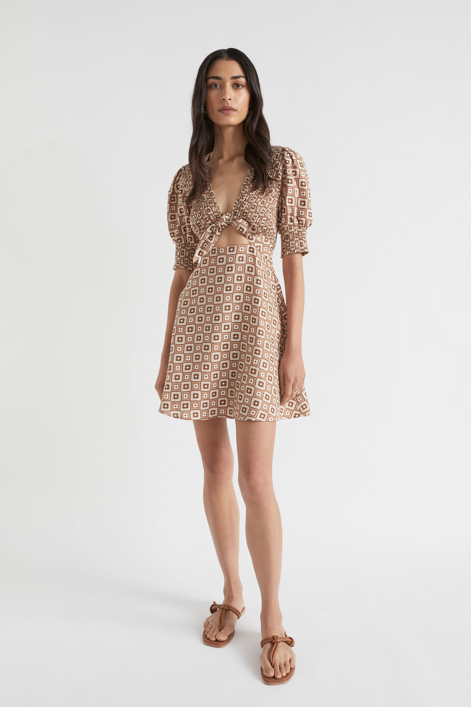 Floral Geo Mini Dress  Auburn Brown Retro