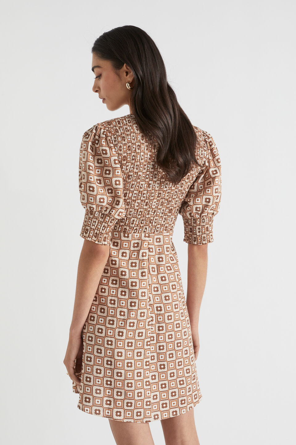 Floral Geo Mini Dress  Auburn Brown Retro