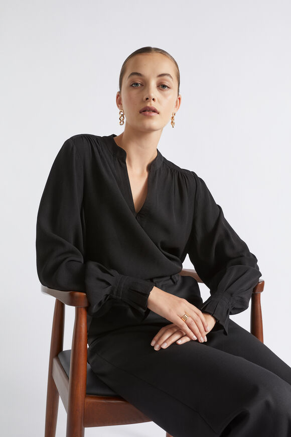 Textured Pleat Cuff Blouse  Black  hi-res