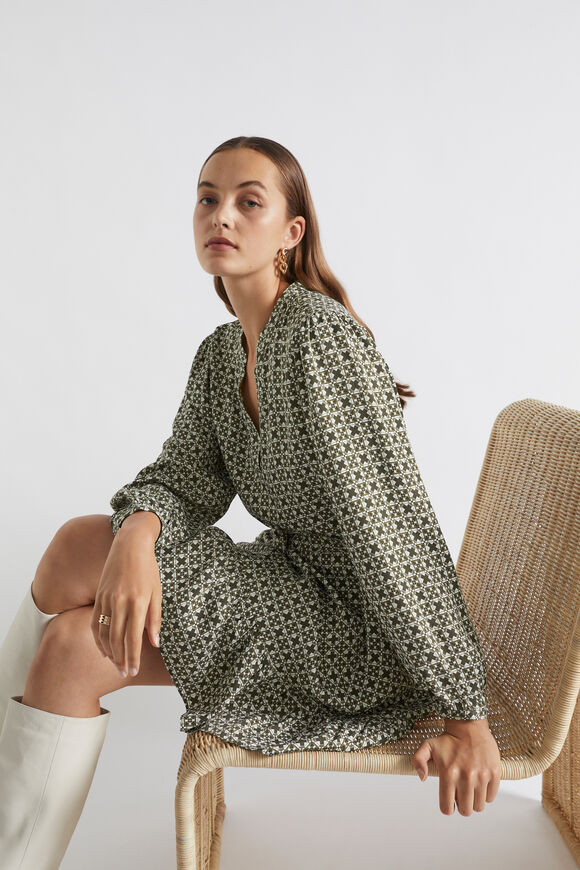 Mini Geo Tie Waist Dress  Dark Fern Geo  hi-res