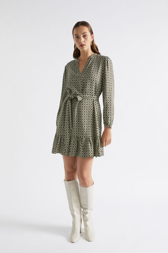 Mini Geo Tie Waist Dress  Dark Fern Geo  hi-res