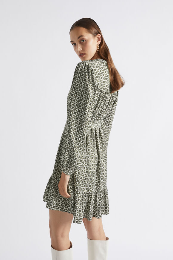Mini Geo Tie Waist Dress  Dark Fern Geo  hi-res