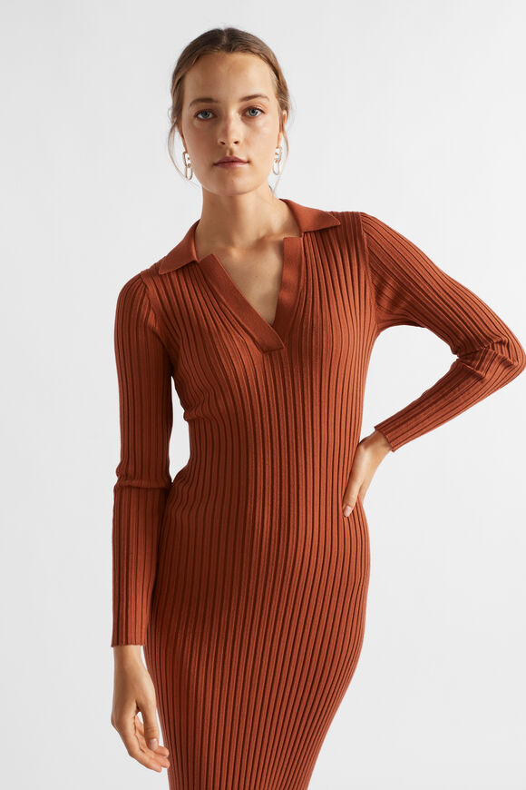 Streamline Polo Knit Midi Dress  Burnt Brick  hi-res