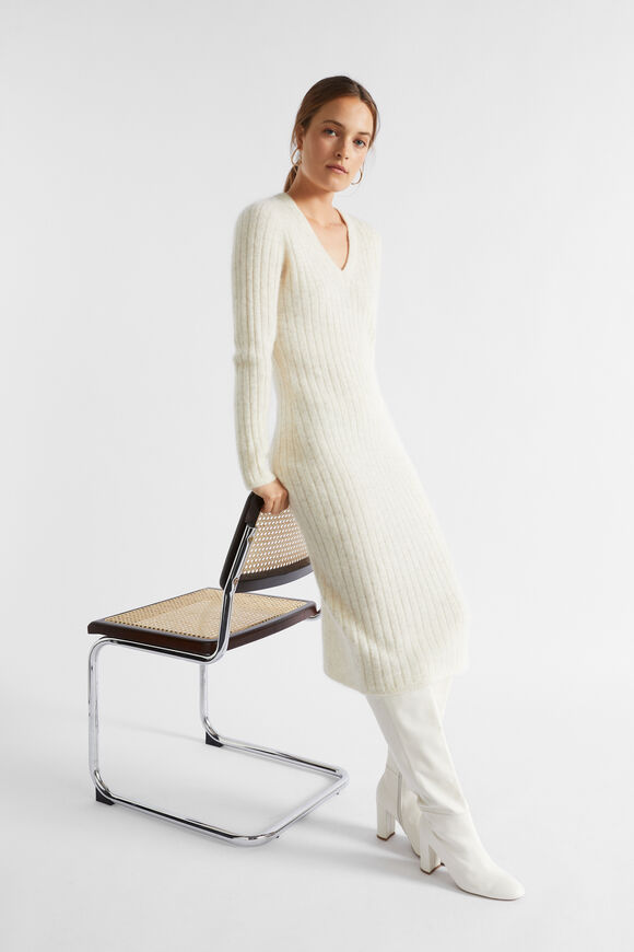 Mohair V Neck Knit Midi Dress  Vanilla Cream Marle  hi-res