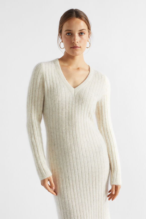 Mohair V Neck Knit Midi Dress  Vanilla Cream Marle  hi-res