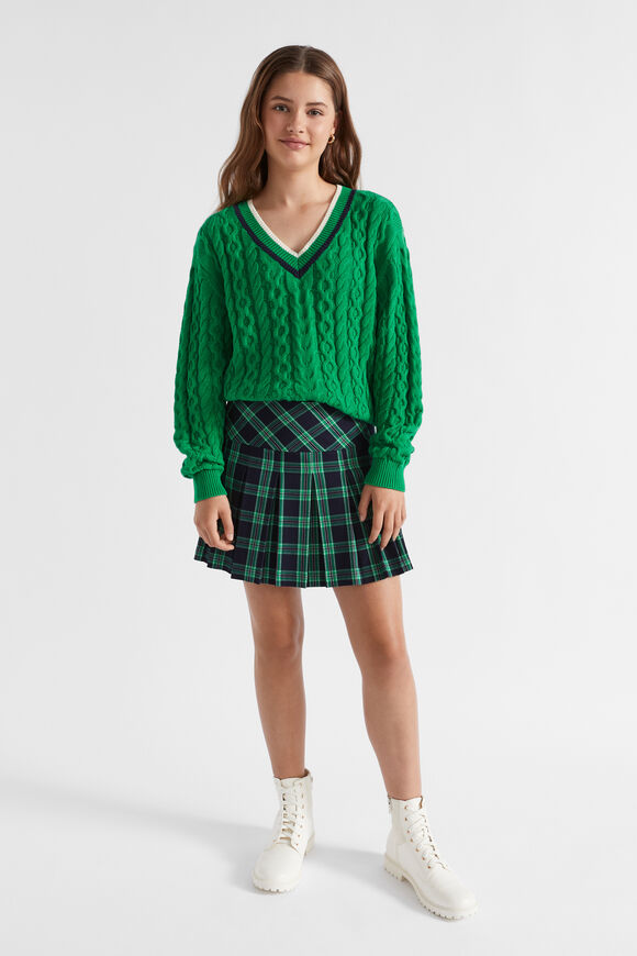 V-Neck Cable Knit  Emerald Green  hi-res
