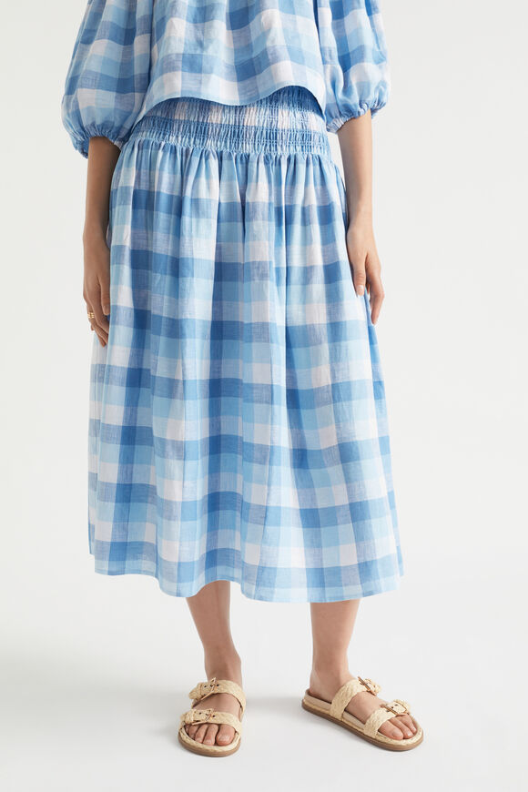 Linen Check Shirred Skirt  Deep Navy Check  hi-res