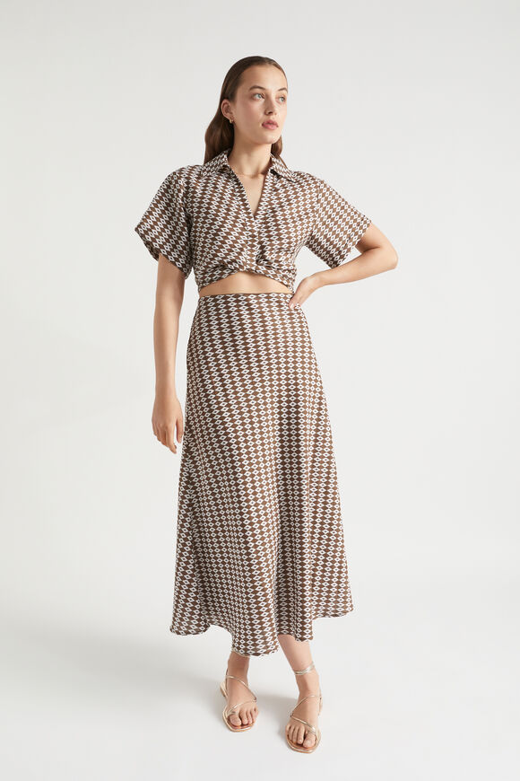 Linen Geo Twist Front Shirt  Pecan Brown Geo  hi-res