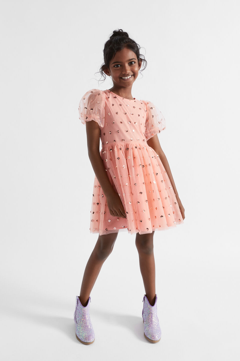 Sequin Daisy Bubble Hem Dress  Soft Coral