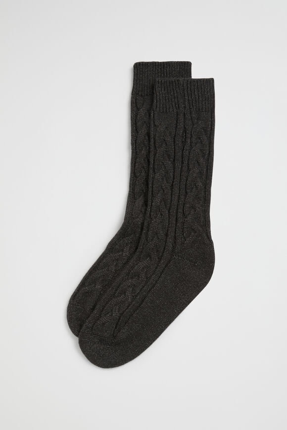 Cable Knit Bed Sock  Charcoal  hi-res