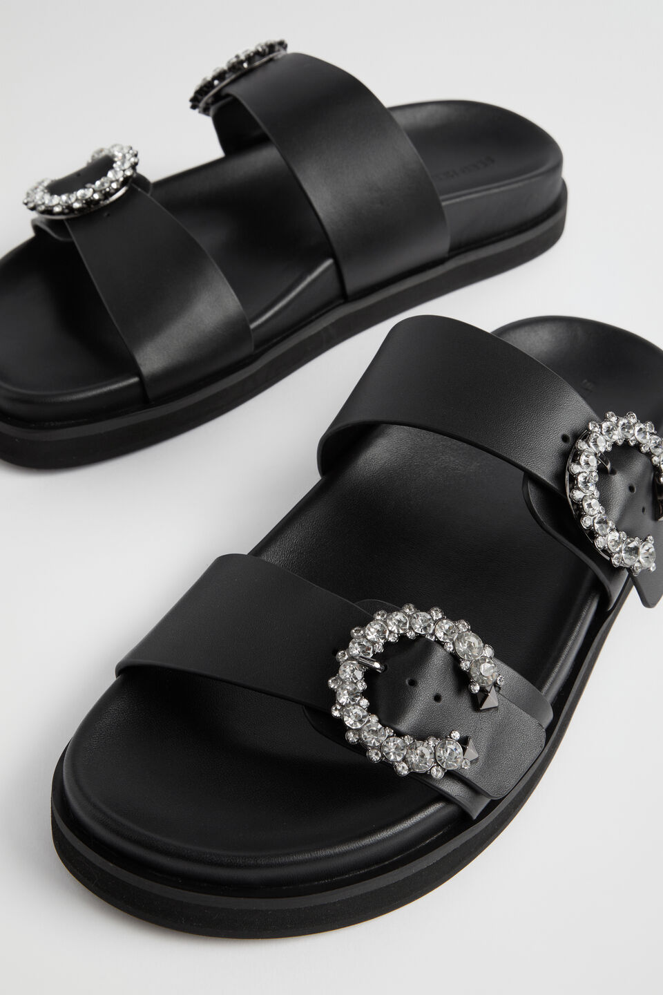 Romy Diamante Buckle Slide  Black