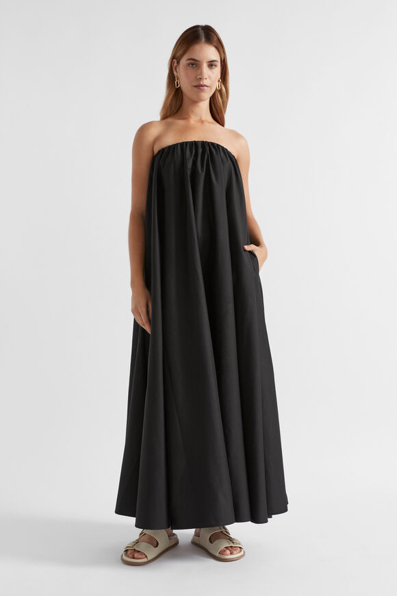 Voile Gathered Strapless Maxi Dress  Black  hi-res