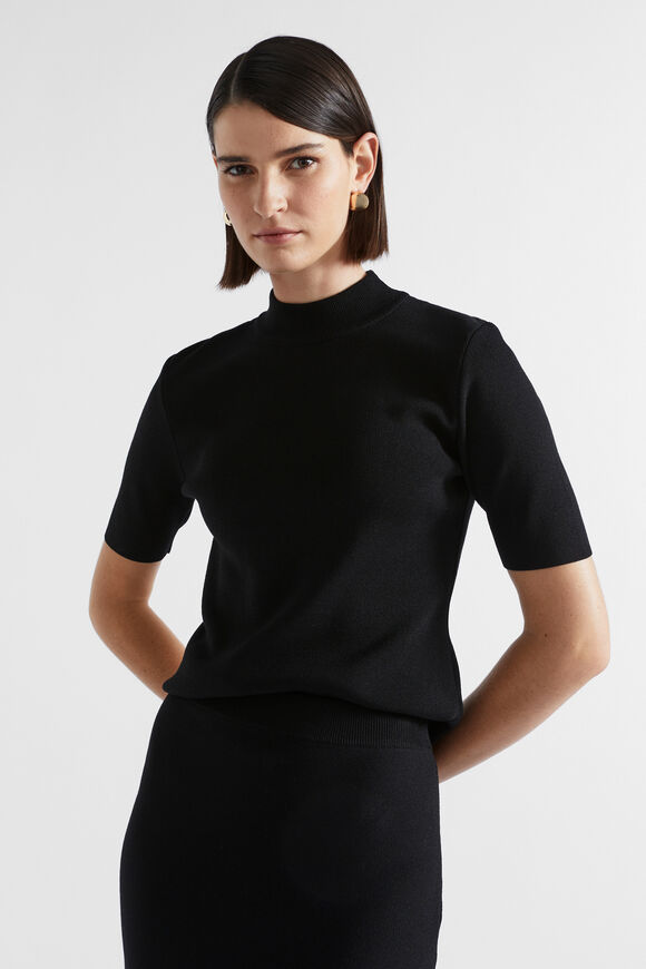Crepe Knit Fitted Top  Black  hi-res