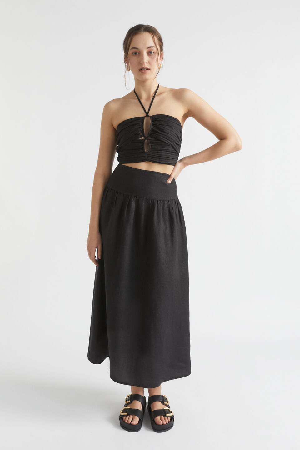 Core Linen Gathered Maxi Skirt  Black