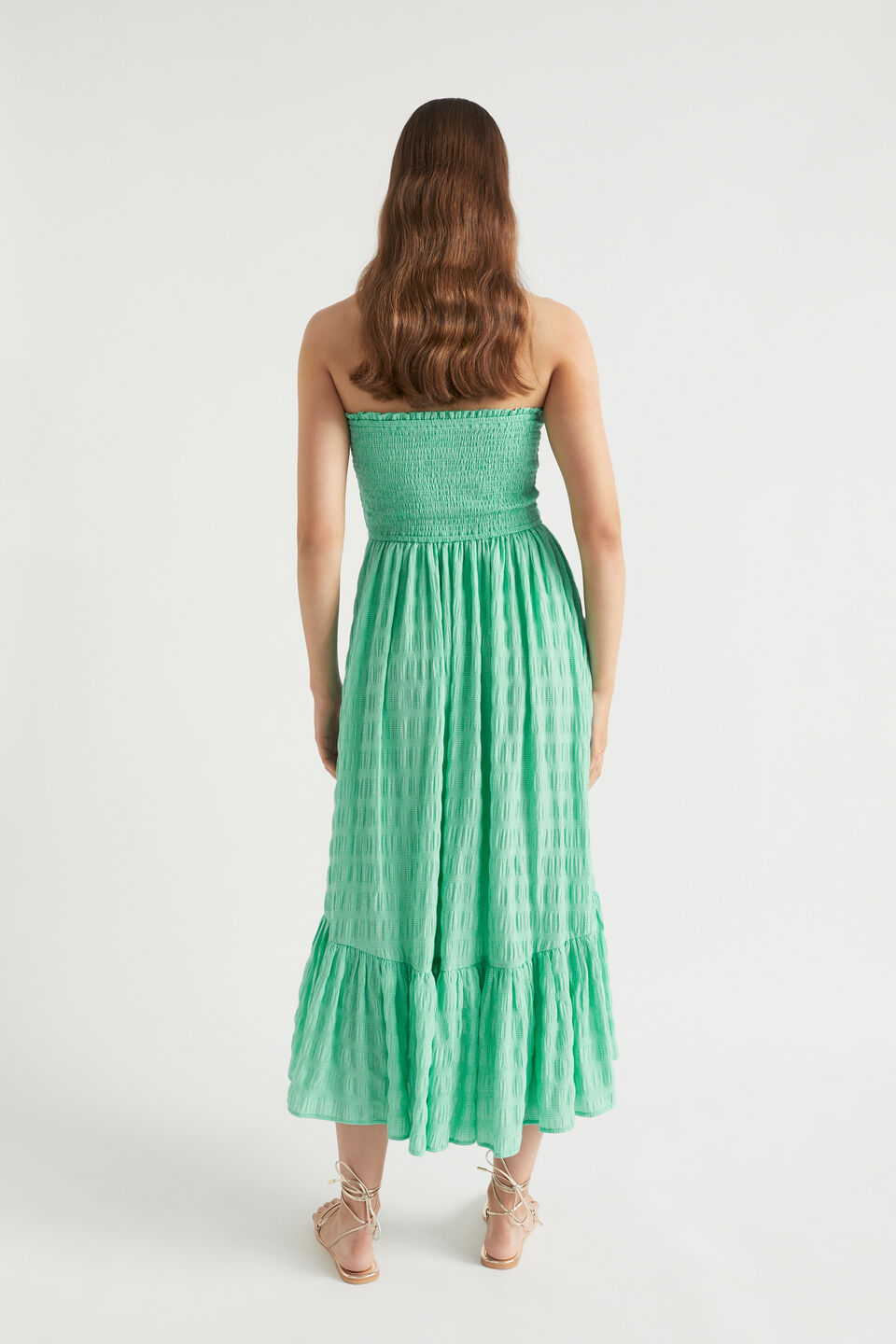 Textured Gingham Strapless Midi Dress  Jade Green Gingham