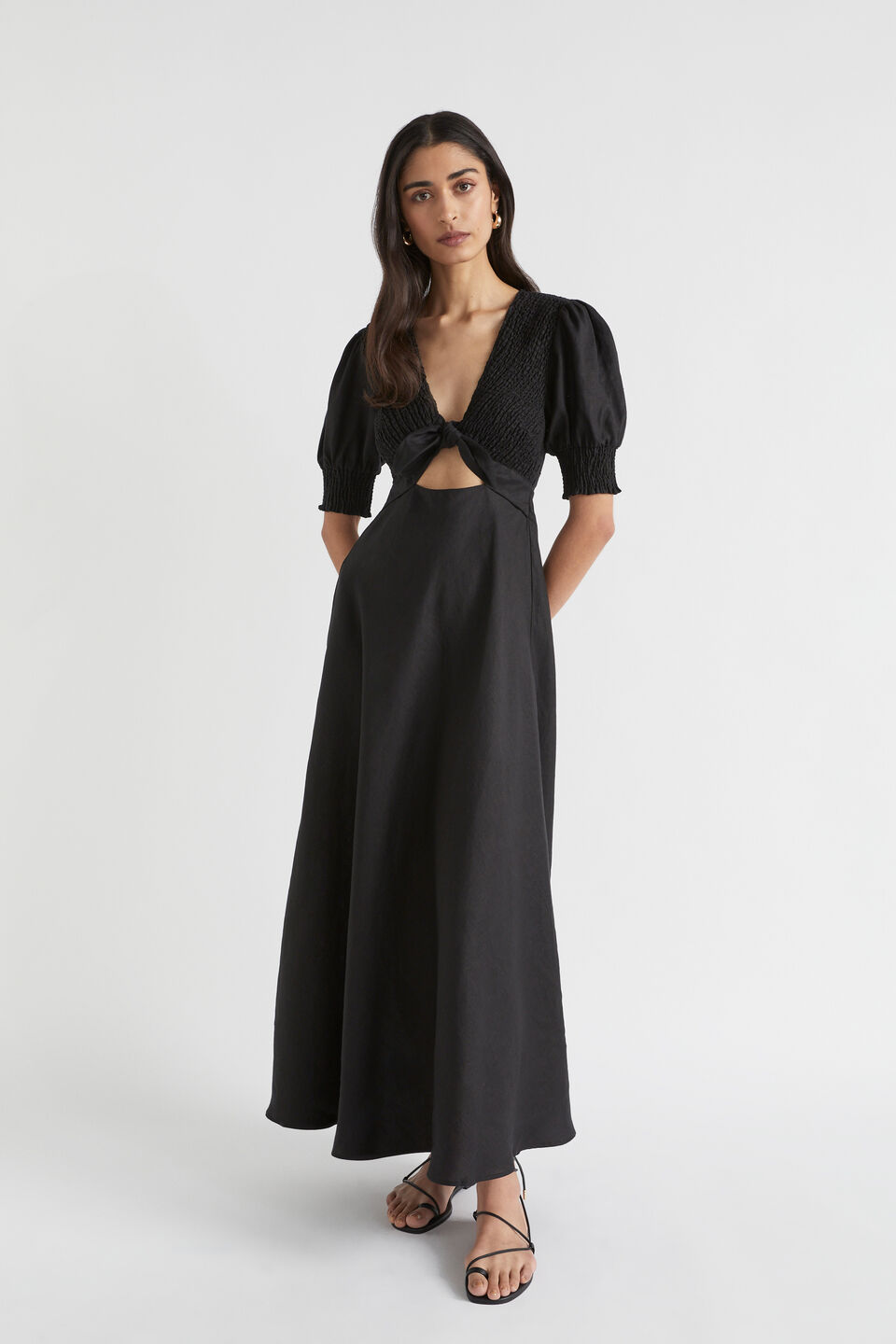 Linen Shirred Tie Front Midi Dress  Black