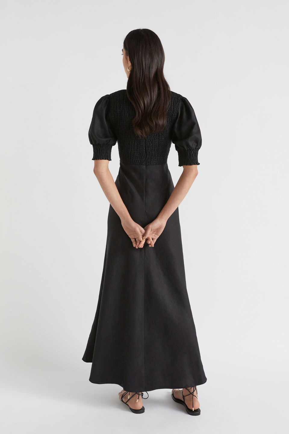 Linen Shirred Tie Front Midi Dress  Black