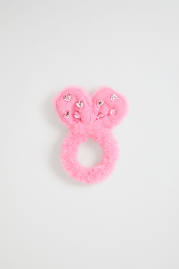 Faux Fur Gem Bunny Scrunchie  Candy Pink  hi-res
