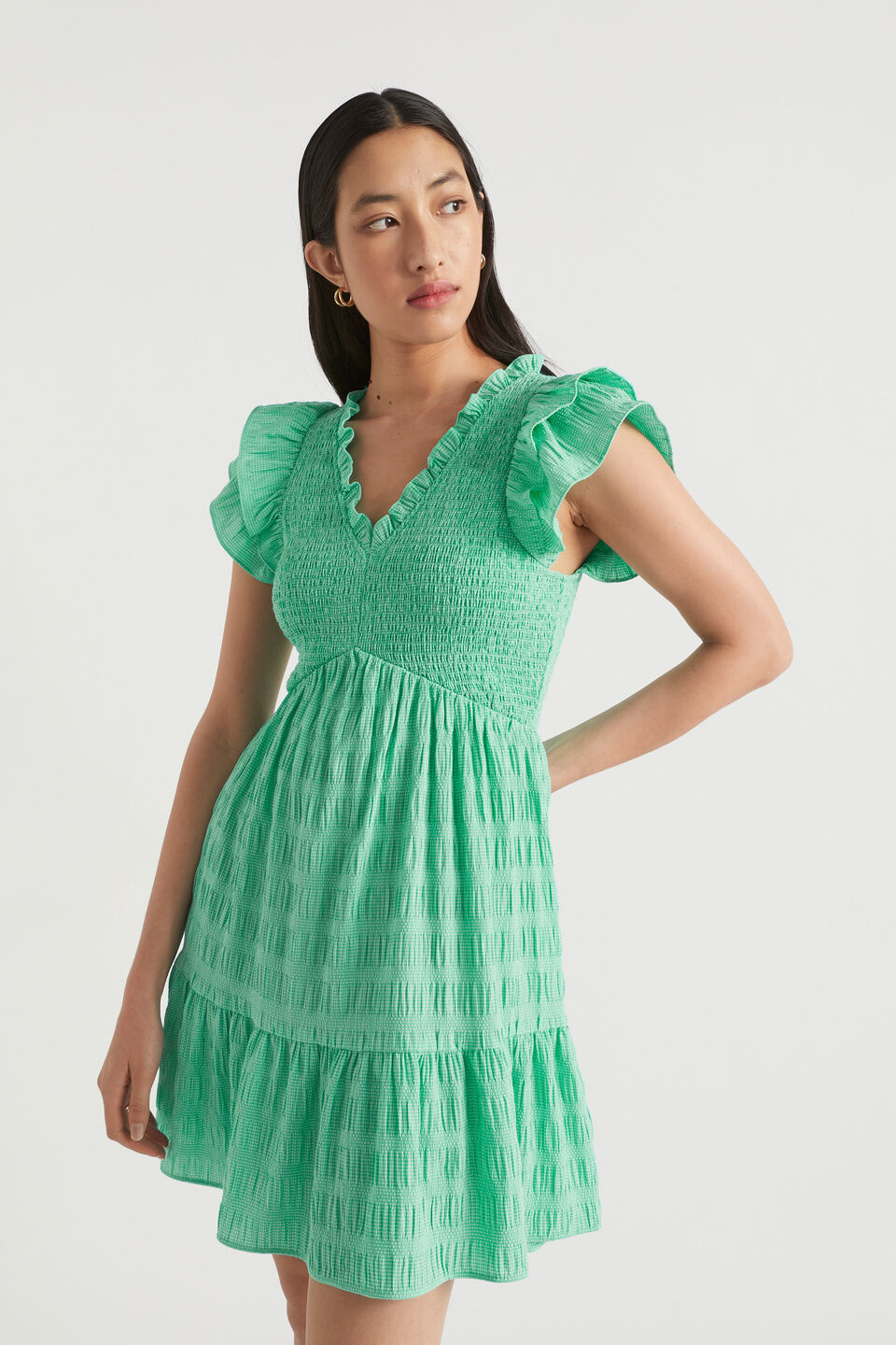 Textured Gingham Mini Dress  Jade Green Gingham