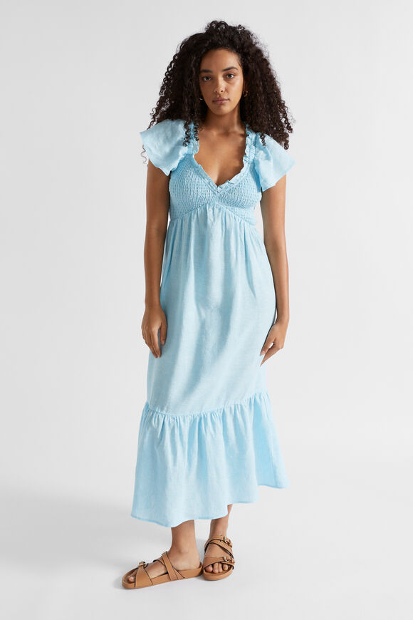 Linen Frill Sleeve Dress  Shimmer Blue Crossdye  hi-res
