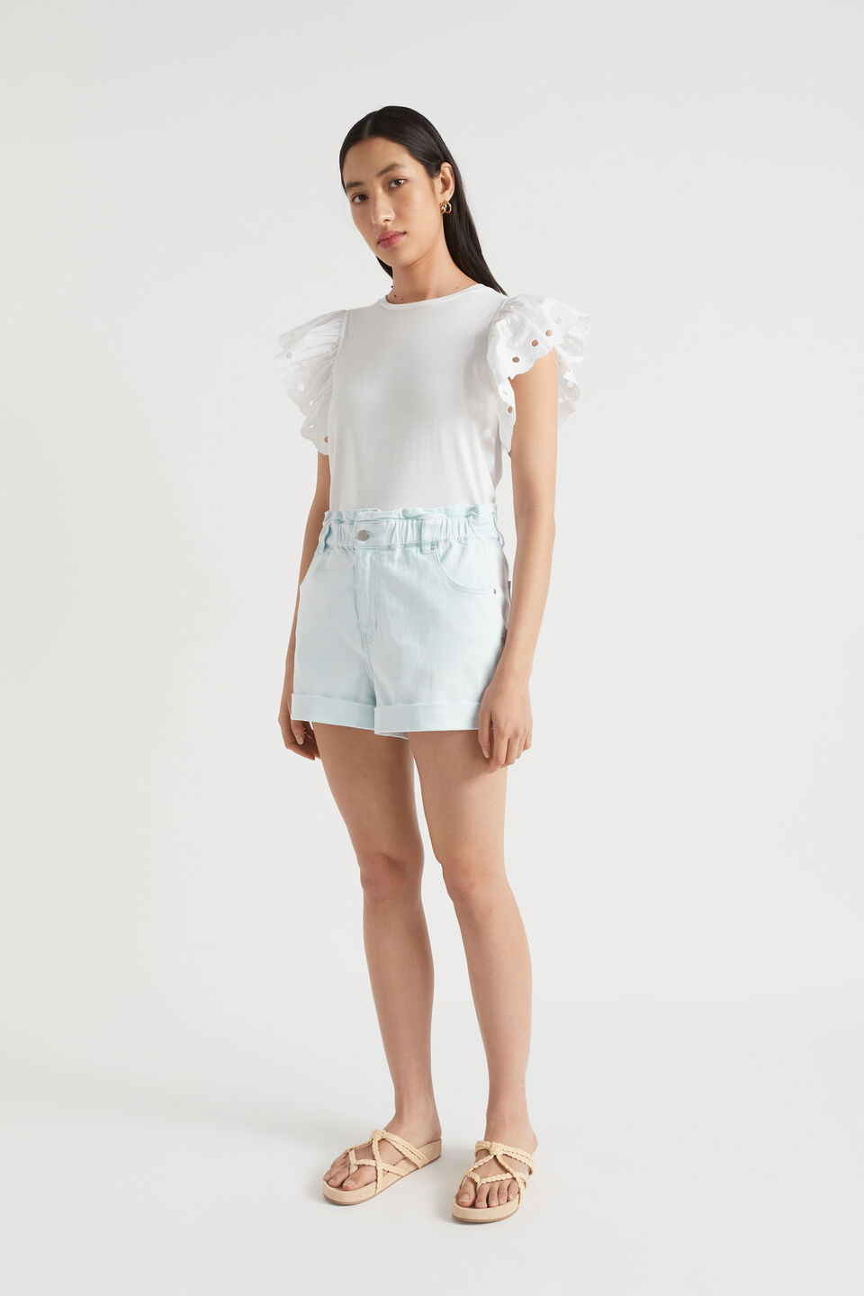 Broderie Detail Sleeve Tee  Whisper White