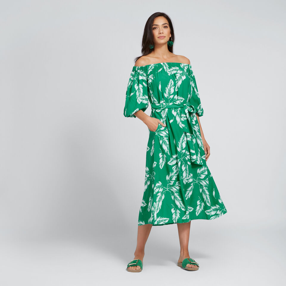 Off-Shoulder Palm Dress  