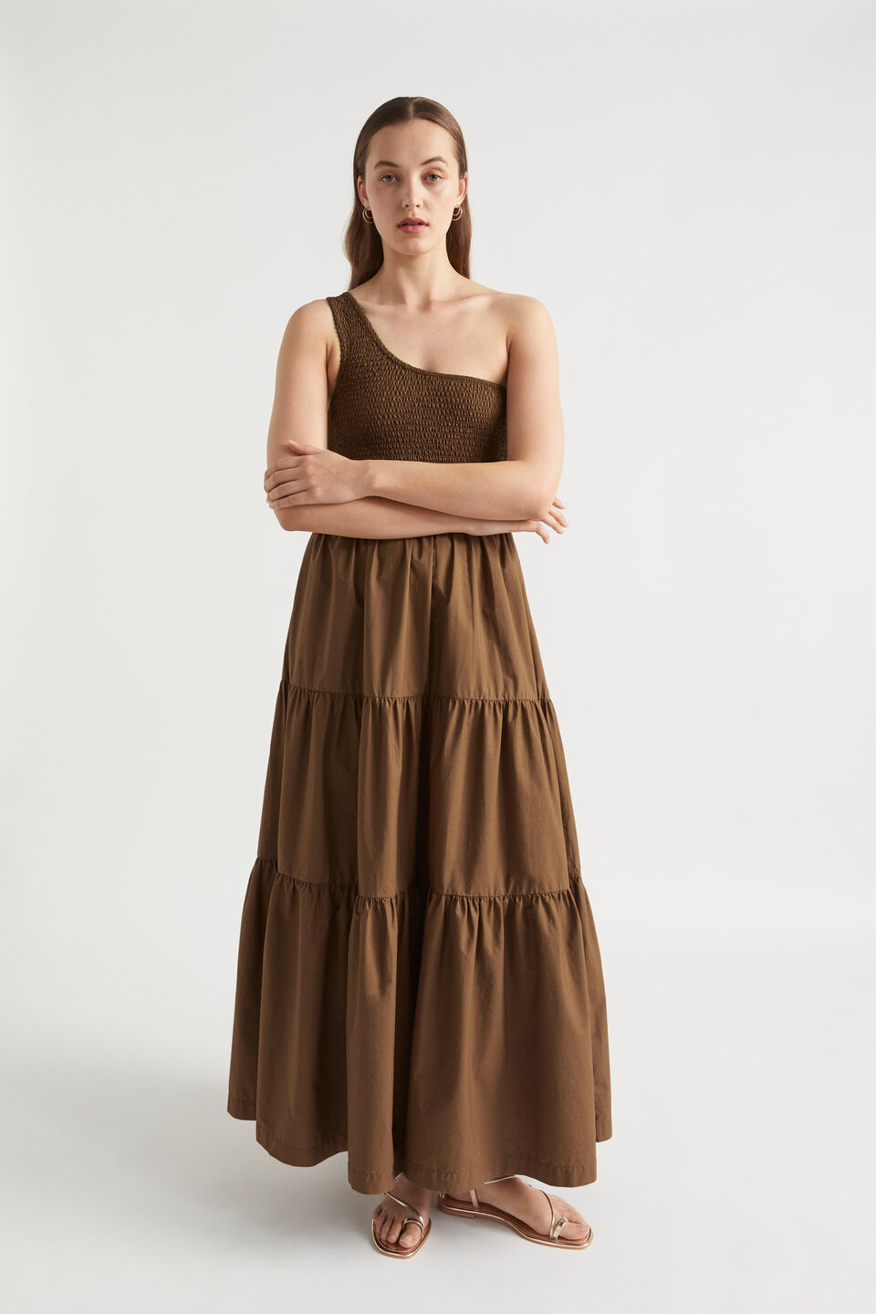 Poplin Shirred One Shoulder Maxi Dress  Pecan Brown