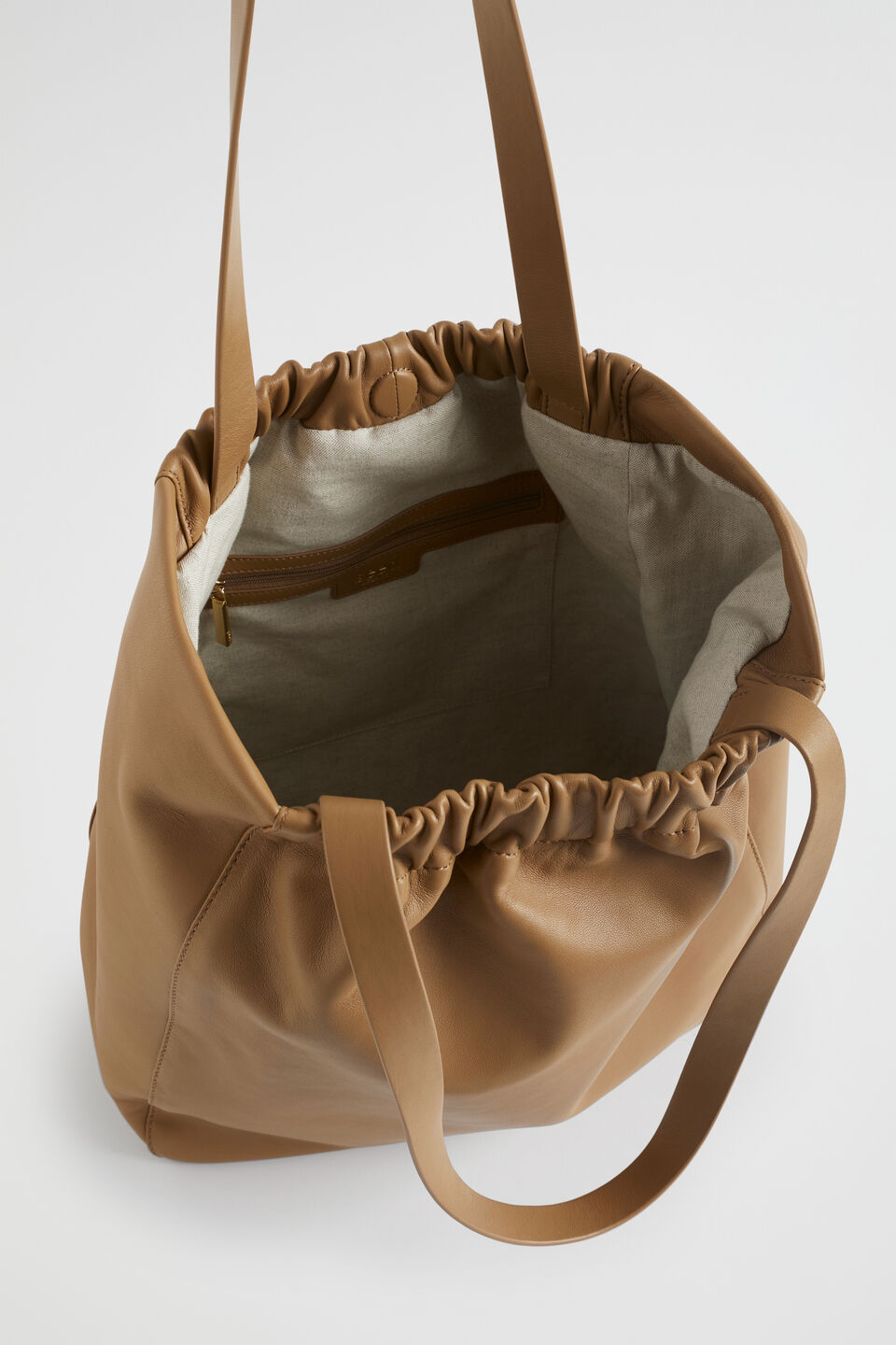 Rouched Leather Tote  Cashew