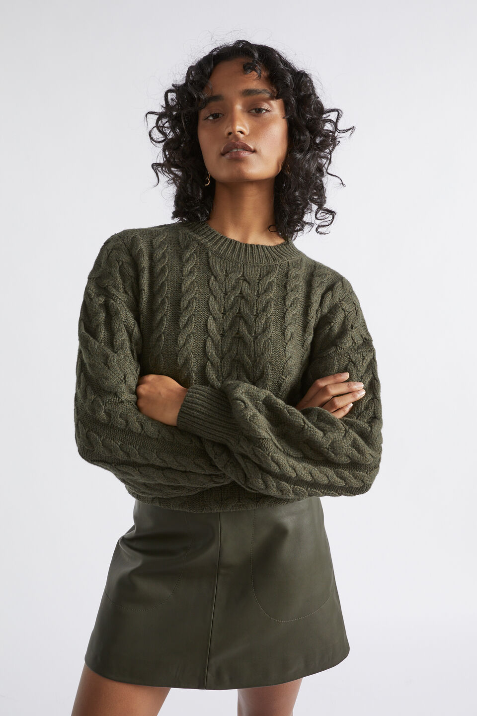 Cotton Blend Cable Knit  Dark Fern Marle