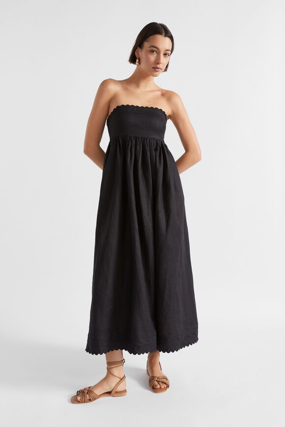 Linen Scallop Midi Dress  Black  hi-res