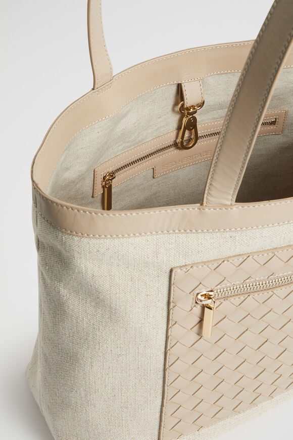 Leather Woven Fabric Tote  Champagne Beige  hi-res