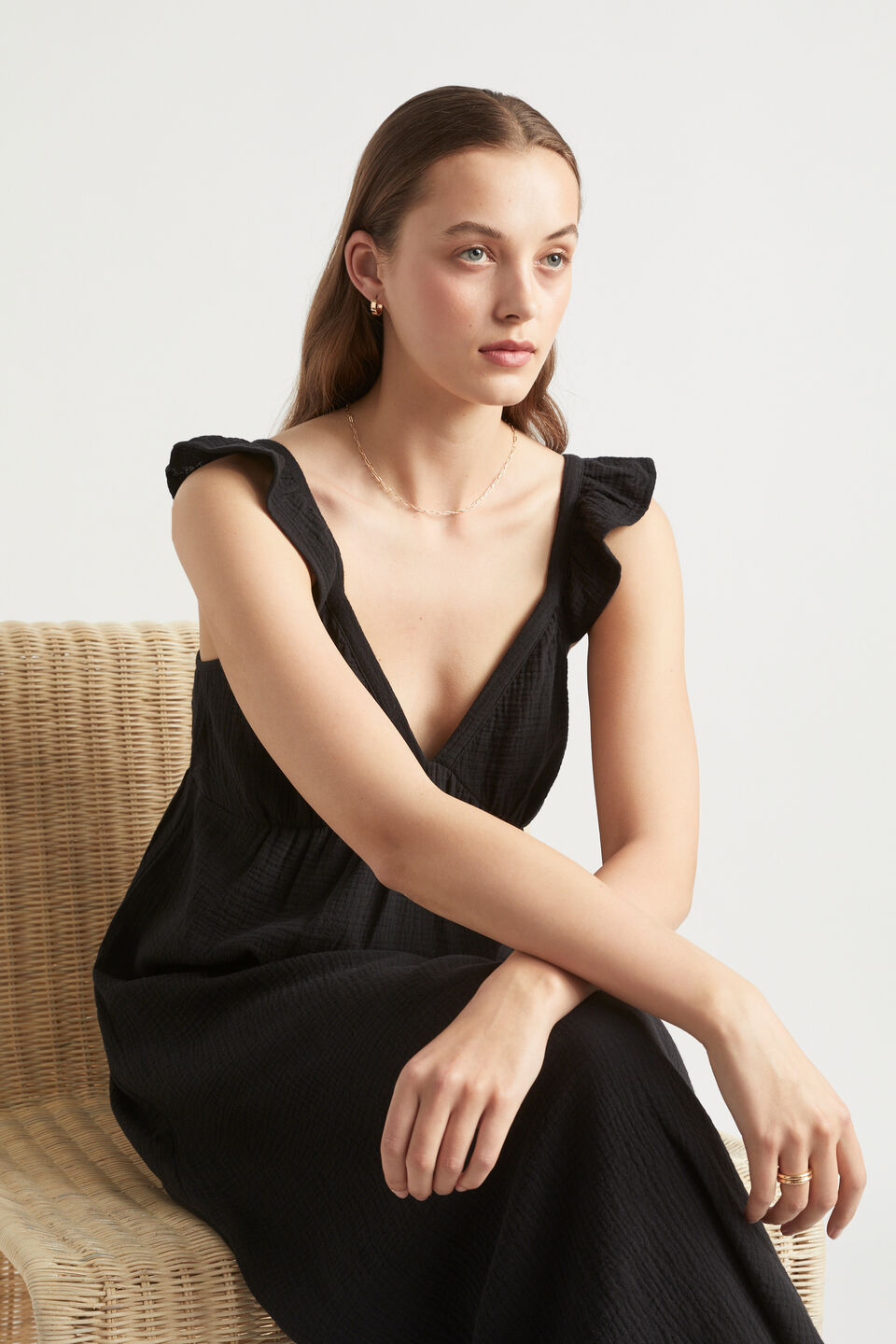 Cheesecloth Frill Detail Maxi Dress  Black